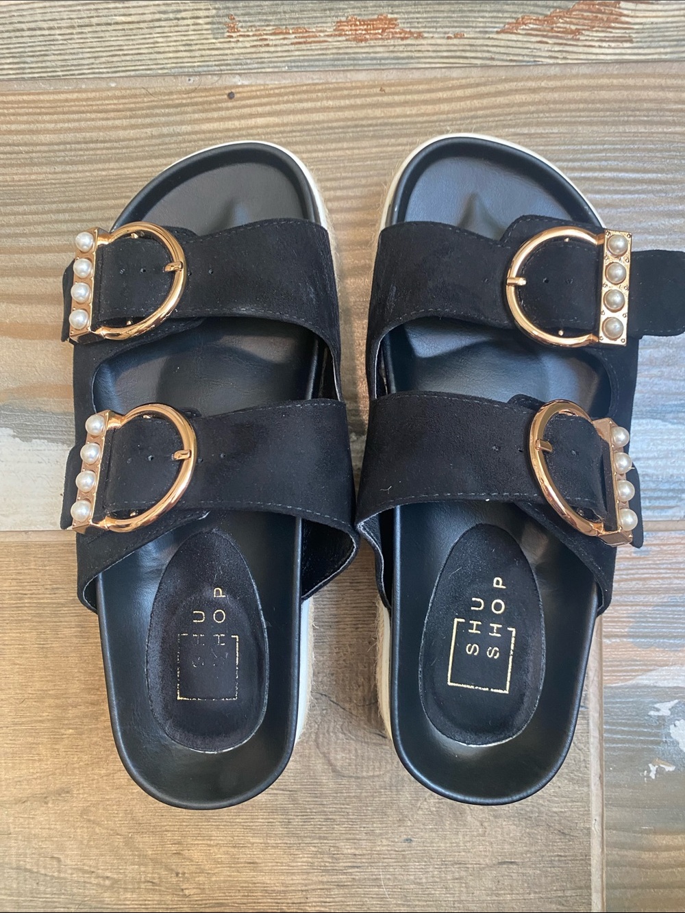 ShuShop Black Pearl-Accent Double Buckle Slide Sandals